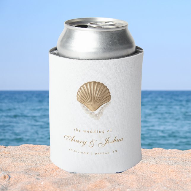 Gold Seashell Custom Coastal Wedding Favor Can Cooler (Creator Uploaded)