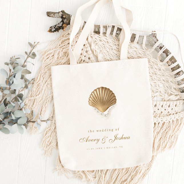 Gold Seashell Custom Coastal Wedding Favor Tote Bag (Creator Uploaded)