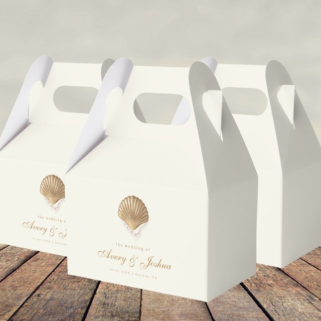 Gold Seashell Custom Destination Coastal Wedding Favor Boxes (Creator Uploaded)