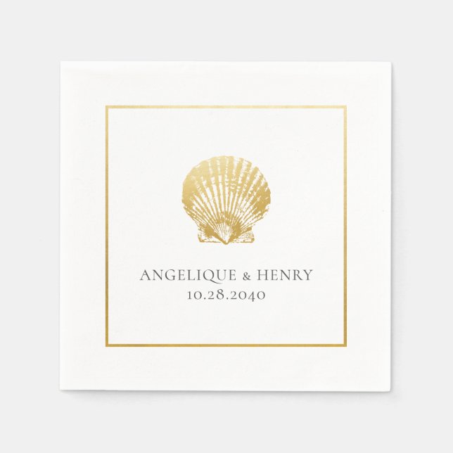 Gold Seashell Custom Names Beach Wedding Napkins (Front)