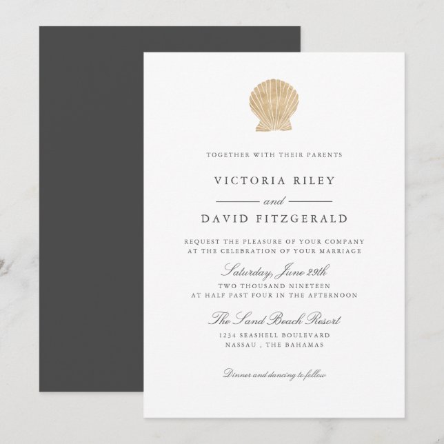 Gold Seashell Elegant Ocean Beach wedding Invitation (Front/Back)