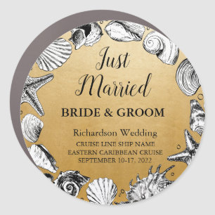 Gold Seashell JUST MARRIED Wedding Cruise Door Car Magnet