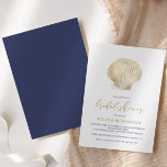 Gold Seashell Navy Blue Beach Bridal Shower Invitation<br><div class="desc">This elegant bridal shower invitation features a vintage illustration of a scallop shell in faux gold foil, above the words "bridal shower" in elegant gold colored handwriting script. Customize the rest of the text with the name of the bride-to-be in gold, and the shower venue and other details in navy...</div>