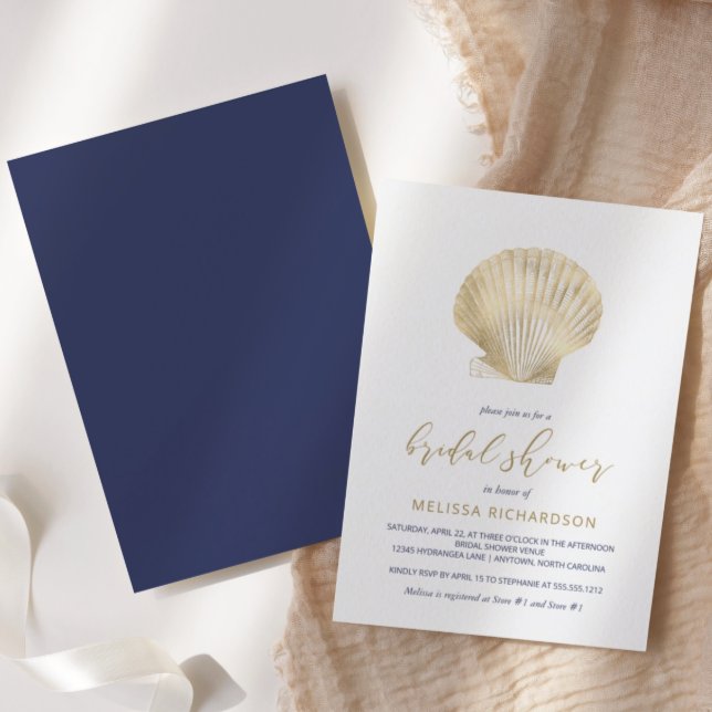 Gold Seashell Navy Blue Beach Bridal Shower Invitation