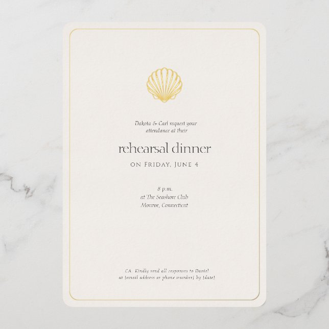 Gold Seashell Night Before Wedding Rehearsal Foil Invitation (Front)