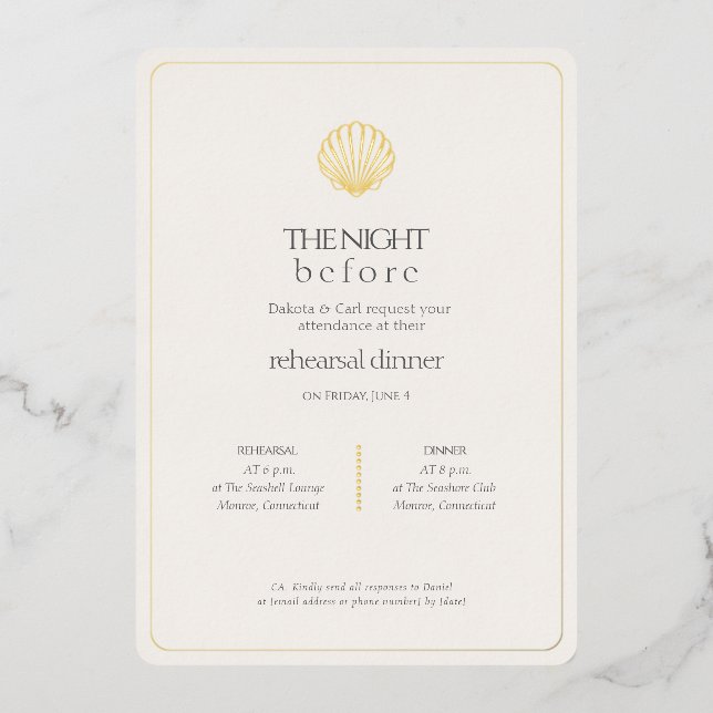 Gold Seashell Night Before Wedding Rehearsal Foil Invitation (Front)