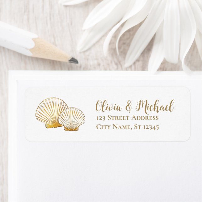 Gold Seashell Scallop Wedding Return Address  Label (Insitu)