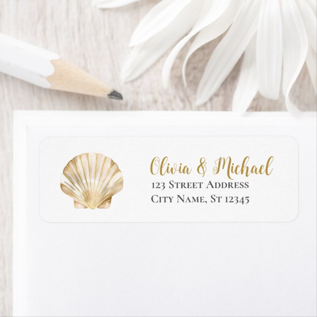 Gold Seashell Scallop Wedding Return Address  Label (Insitu)