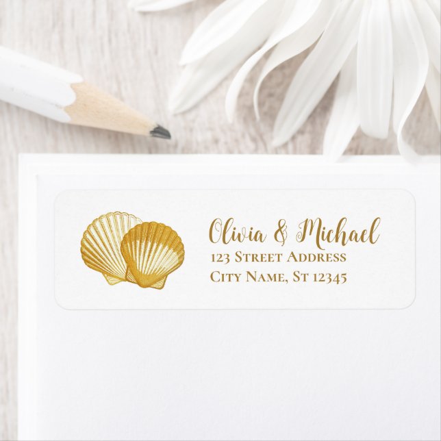 Gold Seashell Scallop Wedding Return Address  Label (Insitu)
