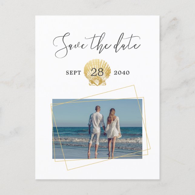 Gold Seashell Simple Modern Beach Wedding Announcement Postcard (Front)