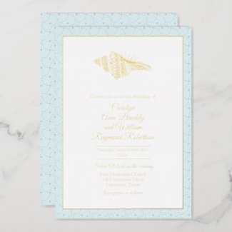 Gold Seashell with Aqua Frame Wedding Foil Invitation