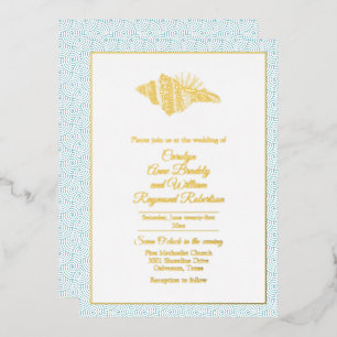 Gold Seashell with Aqua Frame Wedding Foil Invitation