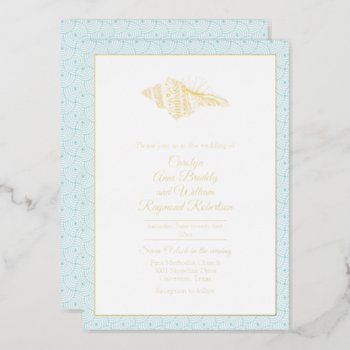 Gold Seashell With Aqua Frame Wedding Foil Invitation by Myweddingday at Zazzle