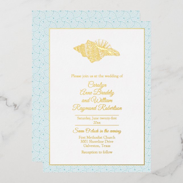 Gold Seashell with Aqua Frame Wedding Foil Invitation (Front/Back)