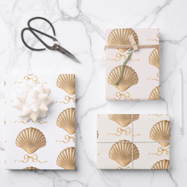 Gold Seashell with Coquette Bow Christmas Gift Wrapping Paper Sheets (Front)