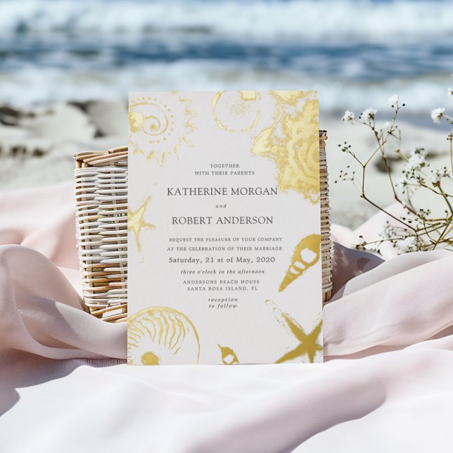 Gold Seashells Elegant Wedding Foil Invitation (Creator Uploaded)