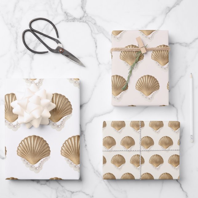 Gold Seashells Pearls Birthday Bridal Shower Gift Wrapping Paper Sheets (Front)