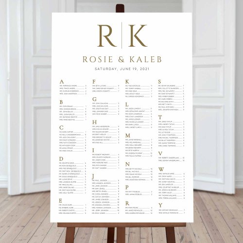 Gold Seating Chart with Bride  Groom Initials