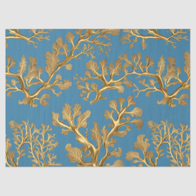Gold Seaweed on Aqua Blue Tissue Paper (Front)