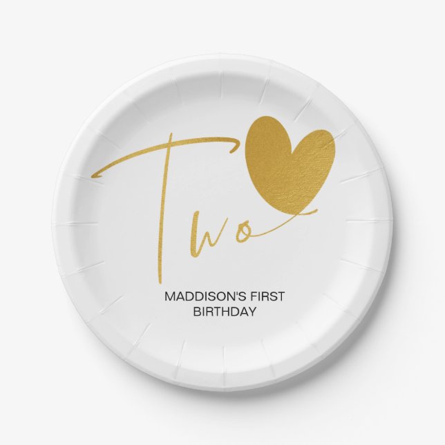 Gold Second Birthday Kids Party Decor Two Birthday Paper Plates (Front)