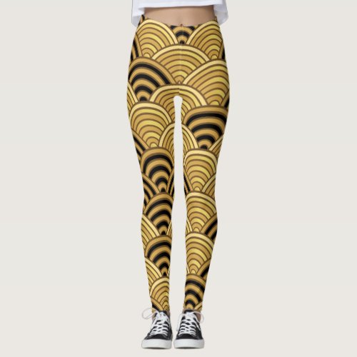 Gold Seigaiha Japanese Wave Pattern Leggings