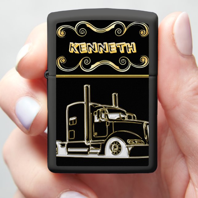 Gold Semi-Truck Digital Art Design Zippo Lighter (In Hand)