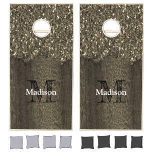 Gold sepia faux sparkles rustic wood Monogram Cornhole Set