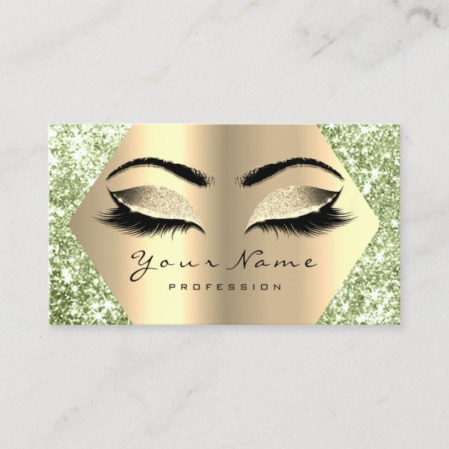 Gold Sepia Glitter Makeup Artist Lashes Mint Green Business Card (Front)