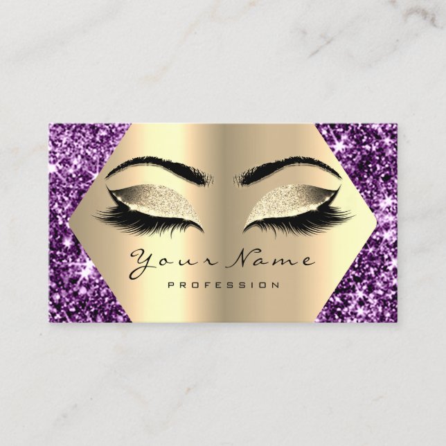 Gold Sepia Glitter Makeup Artist Lashes Purple Business Card (Front)