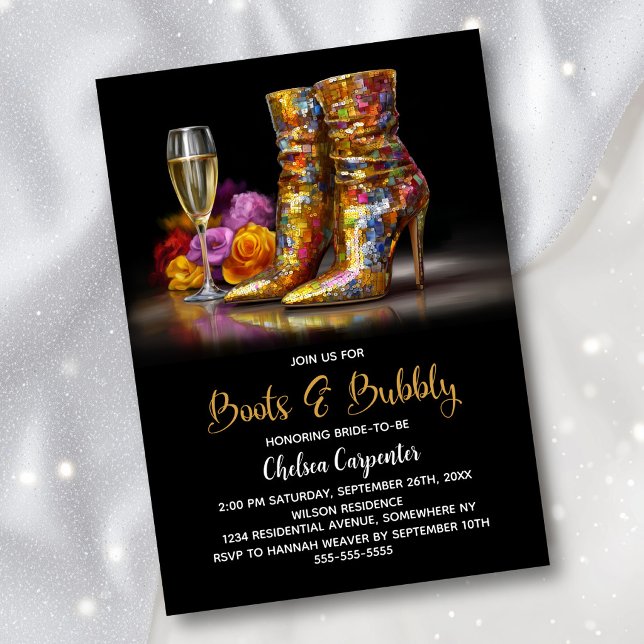 Gold Sequin Boots and Bubbly Bridal Shower Invitation (Creator Uploaded)