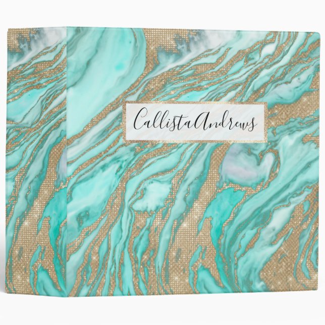 Gold Sequin Glitter Teal Smoky Marble 3 Ring Binder (Front/Spine)