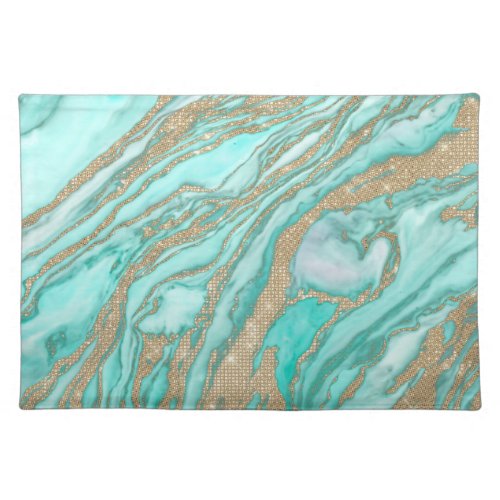 Gold Sequin Glitter Teal Smoky Marble Cloth Placemat
