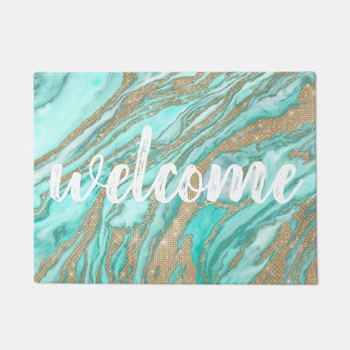 Gold Sequin Glitter Teal Smoky Marble Doormat