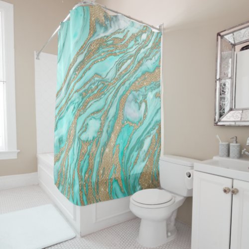 Gold Sequin Glitter Teal Smoky Marble Shower Curtain