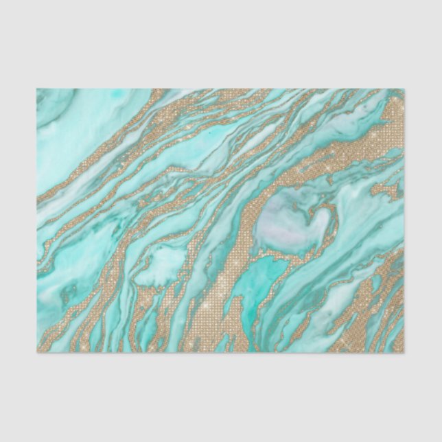 Gold Sequin Glitter Teal Smoky Marble Tissue Paper (Front)