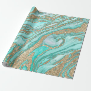 Gold Sequin Glitter Teal Smoky Marble Wrapping Paper