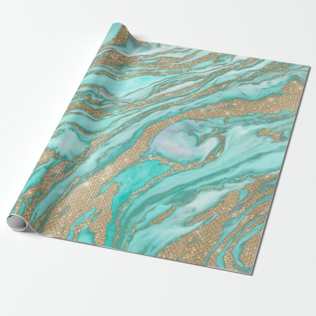 Gold Sequin Glitter Teal Smoky Marble Wrapping Paper (Unrolled)