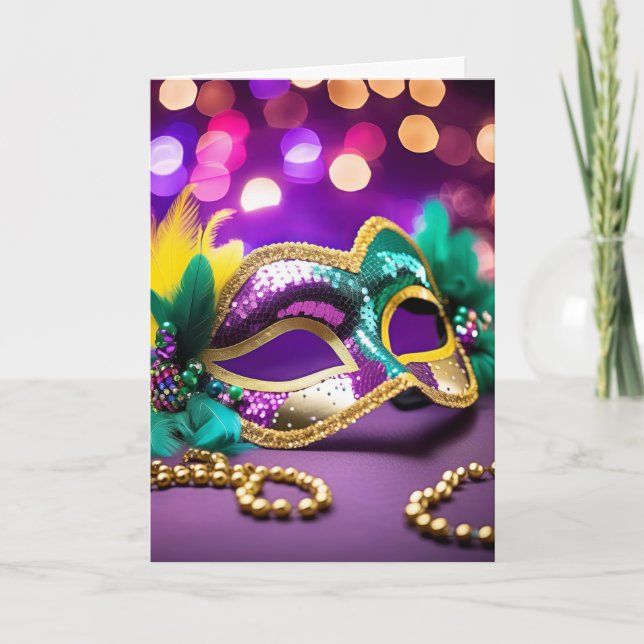 Gold Sequin Mardi Gras Mask Birthday Card (Front)