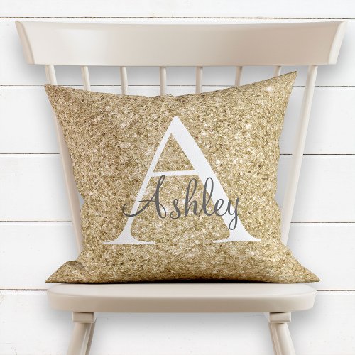 Gold Sequin Sparkle Monogram Name Throw Pillow