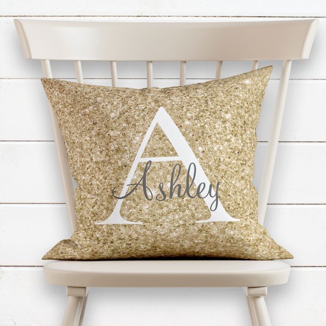 Gold Sequin Sparkle Monogram Name Throw Pillow (Creator Uploaded)