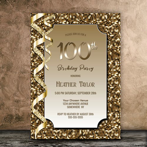 Gold Sequins 100th Birthday Party Invitation