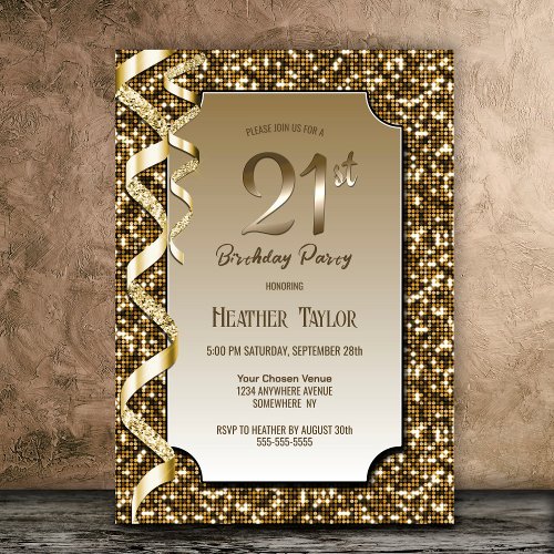 Gold Sequins 21st Birthday Party Invitation