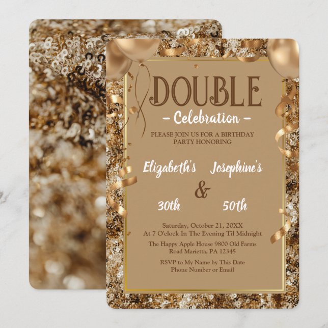 Gold Sequins Adult double Joint Birthday Party Invitation (Front/Back)
