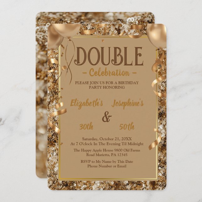 Gold Sequins Adult double Joint Birthday Party Invitation (Front/Back)