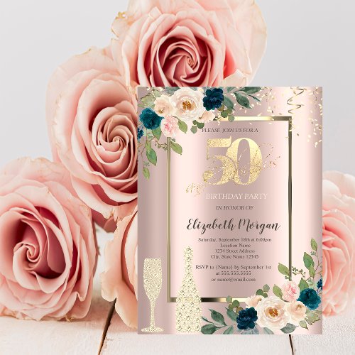 Gold SequinsBlue Roses Champagne 50th Birthday  Invitation