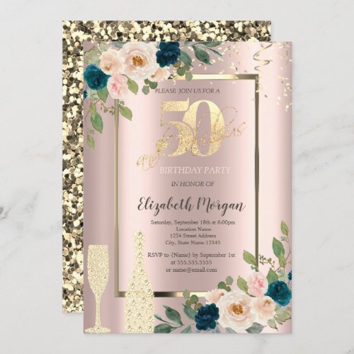 Gold SequinsBlue Roses Champagne 50th Birthday  Invitation