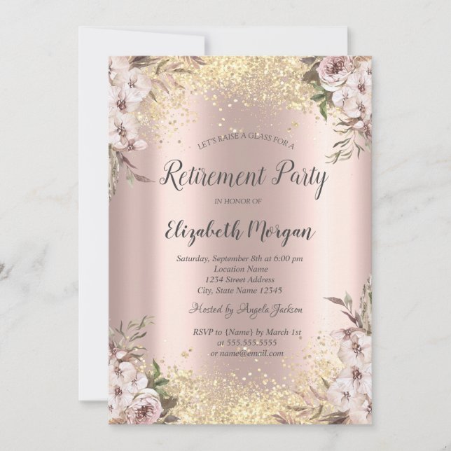 Gold Sequins Border Boho Flowers Retirement Invitation (Front)