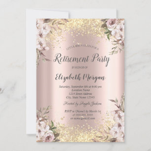 Gold Sequins Border Boho Flowers Retirement Invitation