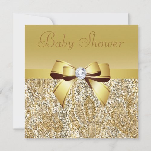 Gold Sequins Bow  Diamond Baby Shower Invitation