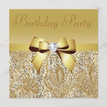 Gold Sequins  Bow & Diamond Birthday Party Invitation by AJ_Graphics at Zazzle